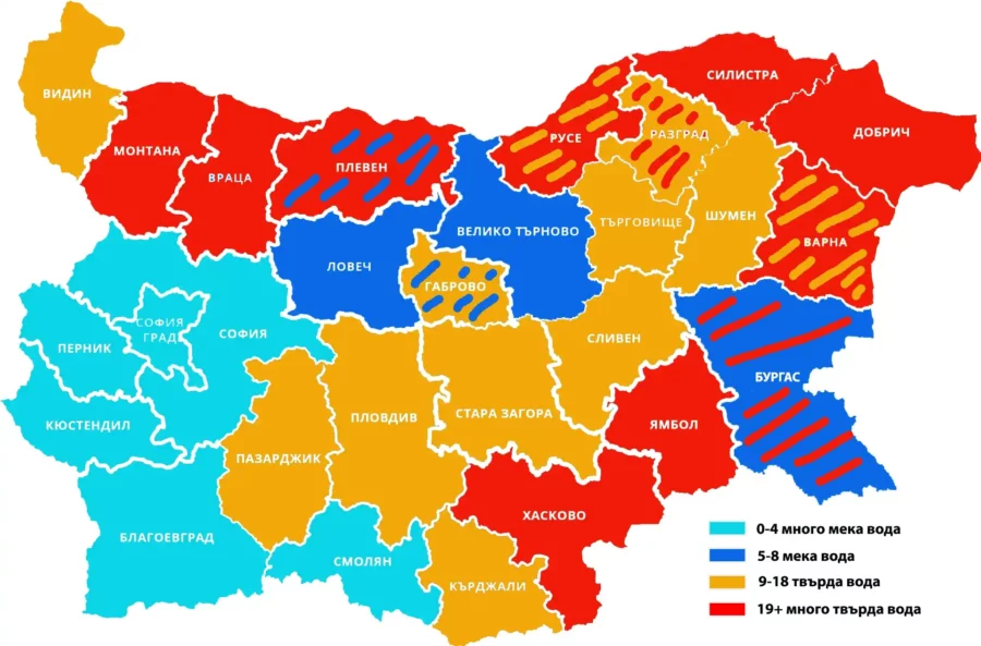Твърдост на водата - карта на България